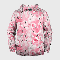 Ветровка с капюшоном мужская Стая розовых фламинго, цвет: 3D-белый