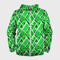 Ветровка с капюшоном мужская Зелёные треугольники и белые полосы, цвет: 3D-белый