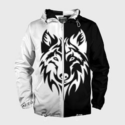 Ветровка с капюшоном мужская Волк чёрно-белый, цвет: 3D-белый
