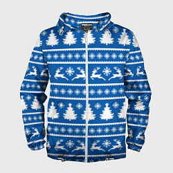 Ветровка с капюшоном мужская Синий свитер с новогодними оленями, цвет: 3D-белый