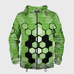 Ветровка с капюшоном мужская Зелёная кибер броня hexagons, цвет: 3D-черный