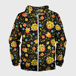 Ветровка с капюшоном мужская Хохломская роспись разноцветные цветы, цвет: 3D-белый