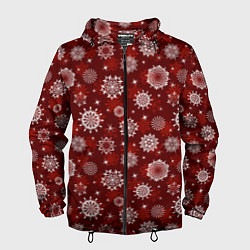 Ветровка с капюшоном мужская Snowflakes on a red background, цвет: 3D-черный