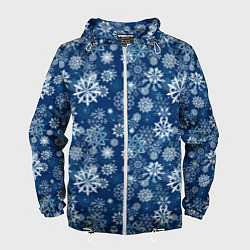 Ветровка с капюшоном мужская Snowflakes on a blue background, цвет: 3D-белый