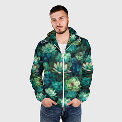 Ветровка с капюшоном мужская Суккуленты акварель- паттерн, цвет: 3D-белый — фото 2