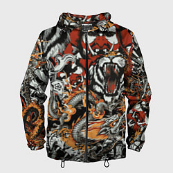 Ветровка с капюшоном мужская Самурай дракон и тигр, цвет: 3D-черный