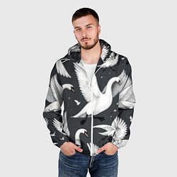Ветровка с капюшоном мужская Стая белых лебедей летящих в небе, цвет: 3D-белый — фото 2