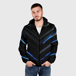 Ветровка с капюшоном мужская Black abstract neon blue abstract, цвет: 3D-черный — фото 2