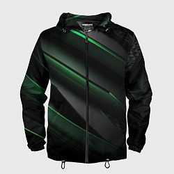 Ветровка с капюшоном мужская Зеленые яркие абстрактные вставки спортивный стиль, цвет: 3D-черный