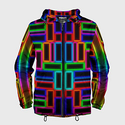 Ветровка с капюшоном мужская Цветные светящиеся прямоугольники, цвет: 3D-черный