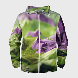 Ветровка с капюшоном мужская Геометрический пейзаж фиолетовый и зеленый, цвет: 3D-белый