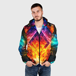 Ветровка с капюшоном мужская Красочный неоновый узор с огнем на фоне, цвет: 3D-черный — фото 2