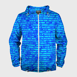 Ветровка с капюшоном мужская Яркий голубой абстрактный полосатый, цвет: 3D-белый