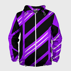 Ветровка с капюшоном мужская Чёрно-белые полосы на фиолетовом фоне, цвет: 3D-белый