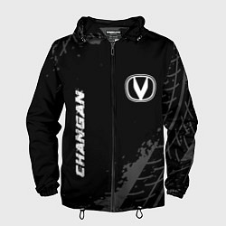 Ветровка с капюшоном мужская Changan speed на темном фоне со следами шин вертик, цвет: 3D-черный