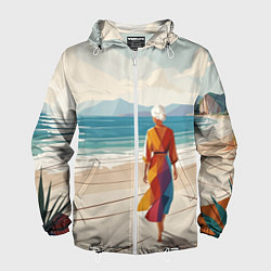 Ветровка с капюшоном мужская Летний пейзаж с женщиной на пляже, цвет: 3D-белый