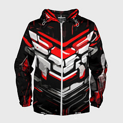 Ветровка с капюшоном мужская Красно-белая агрессивная абстракция на чёрном фоне, цвет: 3D-белый