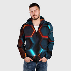 Ветровка с капюшоном мужская Неоновые темно синие соты, цвет: 3D-черный — фото 2