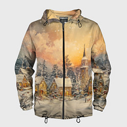 Ветровка с капюшоном мужская Новогодний небольшой городок, цвет: 3D-черный