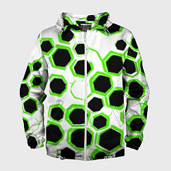 Ветровка с капюшоном мужская Чёрно-зелёные шестиугольники на белом фоне, цвет: 3D-белый