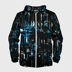 Ветровка с капюшоном мужская Бело-синяя тревожная абстракция на чёрном фоне, цвет: 3D-белый