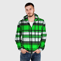 Ветровка с капюшоном мужская Зелёно-белая ткань в клетку, цвет: 3D-черный — фото 2