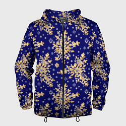 Ветровка с капюшоном мужская Золотые снежинки на синем шелке, цвет: 3D-черный
