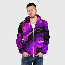 Ветровка с капюшоном мужская Фиолетовые брызги на чёрном фоне, цвет: 3D-белый — фото 2