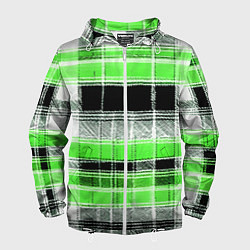Ветровка с капюшоном мужская Белые полосы на чёрно-зелёном фоне, цвет: 3D-белый
