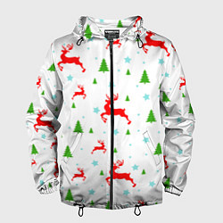 Ветровка с капюшоном мужская Новогодние олени с ёлками, цвет: 3D-черный