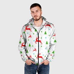 Ветровка с капюшоном мужская Новогодние олени с ёлками, цвет: 3D-черный — фото 2