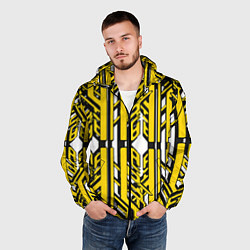Ветровка с капюшоном мужская Чёрно-жёлтые техно полосы на белом фоне, цвет: 3D-черный — фото 2