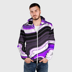 Ветровка с капюшоном мужская Волнистые горизонтальные чёрно-фиолетовые полосы н, цвет: 3D-белый — фото 2