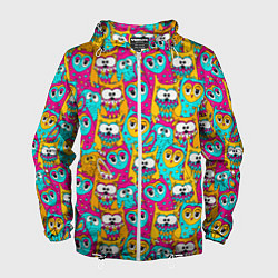 Ветровка с капюшоном мужская Разноцветные совы мультяшные, цвет: 3D-белый