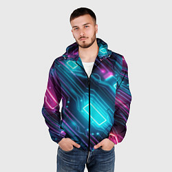Ветровка с капюшоном мужская Неоновый узор киберпанк микросхемы, цвет: 3D-черный — фото 2