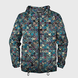 Ветровка с капюшоном мужская Бордово-голубой квадратный паттерн, цвет: 3D-черный