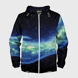 Ветровка с капюшоном мужская Синяя волна с зеленым оттенком на черном, цвет: 3D-белый