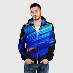 Ветровка с капюшоном мужская Синии кисти краски на черном, цвет: 3D-белый — фото 2