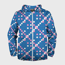 Ветровка с капюшоном мужская Синяя розовая с белым плитка, цвет: 3D-белый