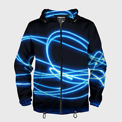 Ветровка с капюшоном мужская Неоновые голубые волны на черном фоне, цвет: 3D-черный