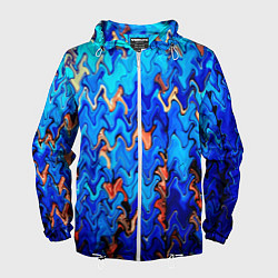 Ветровка с капюшоном мужская Сине-голубой стекающая абстракция, цвет: 3D-белый