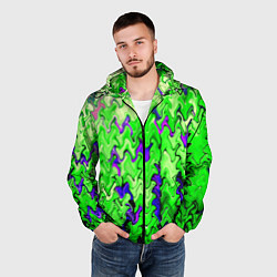 Ветровка с капюшоном мужская Ярко-зелёный стекающая абстаркция, цвет: 3D-черный — фото 2
