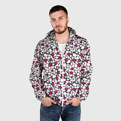 Ветровка с капюшоном мужская Мелкий красно белый мозаичный узор на черном, цвет: 3D-белый — фото 2