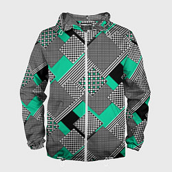 Мужская ветровка Черно бирюзовая абстрактная геометрия пэчворк