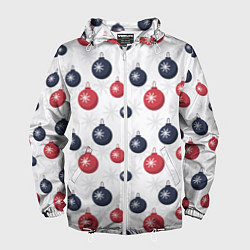 Ветровка с капюшоном мужская Синие и красные новогодние шары со снежинками, цвет: 3D-белый