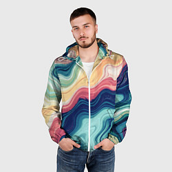 Ветровка с капюшоном мужская Абстрактные волнистые линии синий, цвет: 3D-белый — фото 2