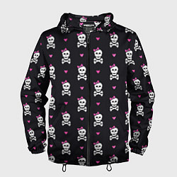 Ветровка с капюшоном мужская Милый паттерн с черепами и сердцечками на черном ф, цвет: 3D-черный