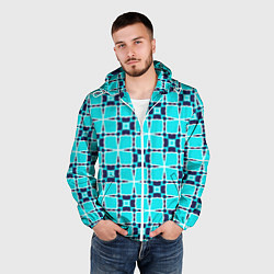 Ветровка с капюшоном мужская Абстрактная решетка на бирюзовом, цвет: 3D-белый — фото 2