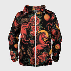 Мужская ветровка Красная лошадь с розами