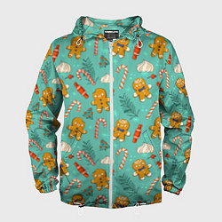 Ветровка с капюшоном мужская Новогодний паттерн печенье с конфетами, цвет: 3D-белый
